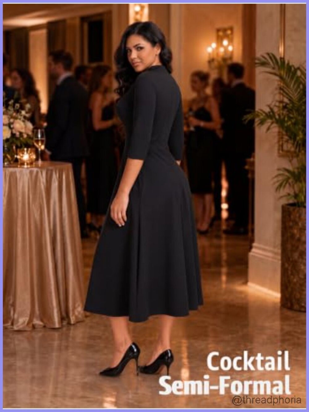 3/4 Sleeve V-Neck Midi Dress A-Line Fit Flare Tea Length Modest Pockets - Picture 2 of 6